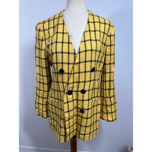 ELLEN KAYE Double Breasted Collarless Blazer Jacket Windowpane Yellow Black 10